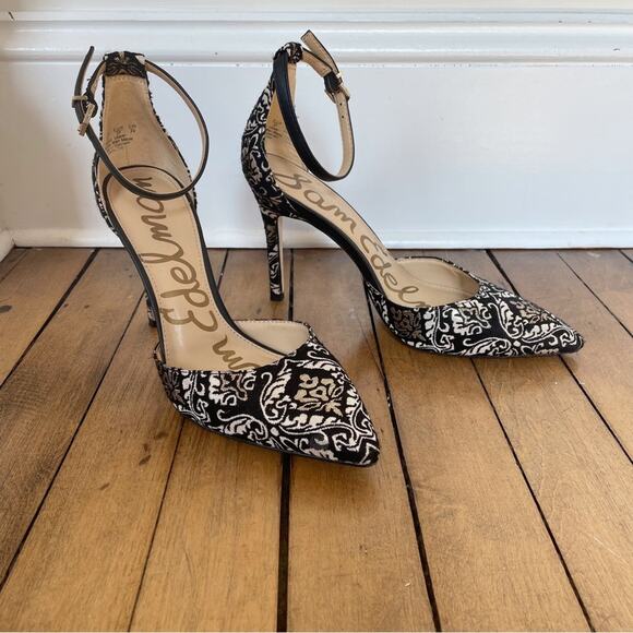 Sam Edelman Black and Gold Brocade Harlow Ankle Strap Pointed Toe Pump 7 - Picture 1 of 9
